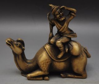China Folk Brass Old Man Ride Camel Llama Of The Desert Animal Statue photo