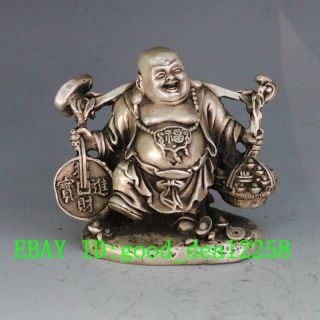 Chinese Hand Carved Silver Copper Maitreya Buddha Statue Gd1561 photo