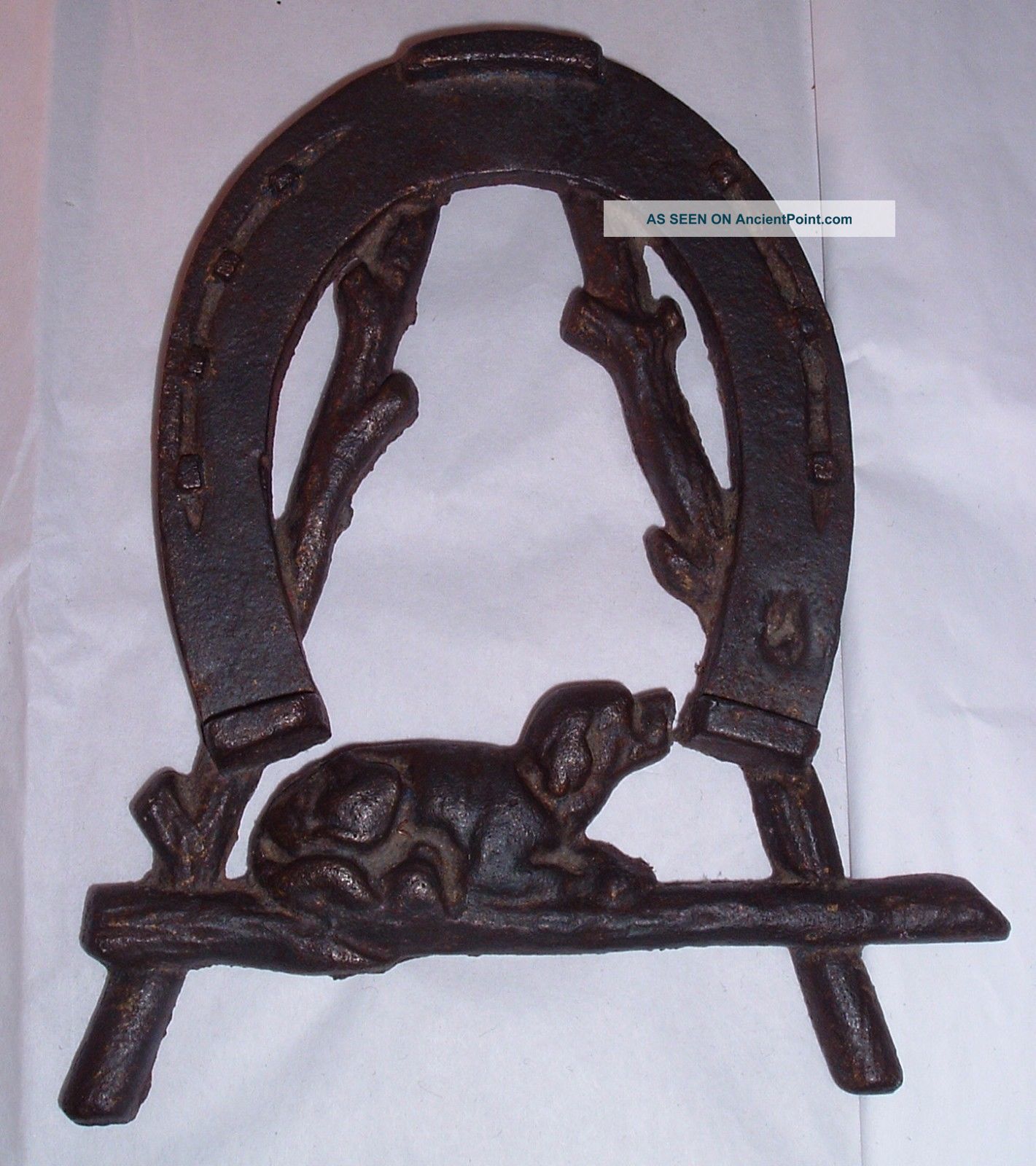 Antique 1800s Dog And Horseshoe Cast Iron Wall Hanging Or Trivet / Victorian Trivets photo