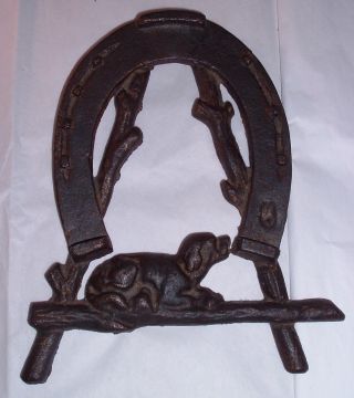 Antique 1800s Dog And Horseshoe Cast Iron Wall Hanging Or Trivet / Victorian photo