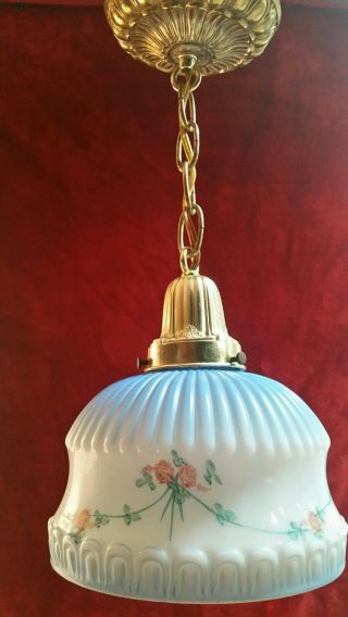 L&l Wmc Vintage Deco Glass & Brass Metal Hanging Pendant Light Painted Roses photo