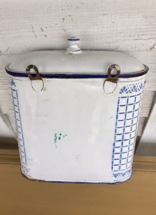 Antique French Enamel Blue & White Lavabo Water Hanging Wall Fountain photo