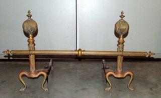 Antique 19th C.  Brass Ball Top French Victorian Fireplace Andirons With Crossbar photo