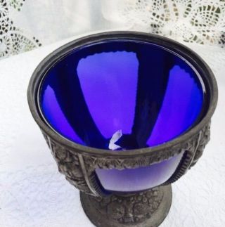 Antique Art Nouveau Edwardian Cobalt Blue Color Glass Insert Metal Goblet Usa photo