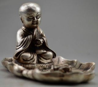Collectible Decorated Old Handwork Tibet Silver Carved Buddha On Lotus Inkstone photo