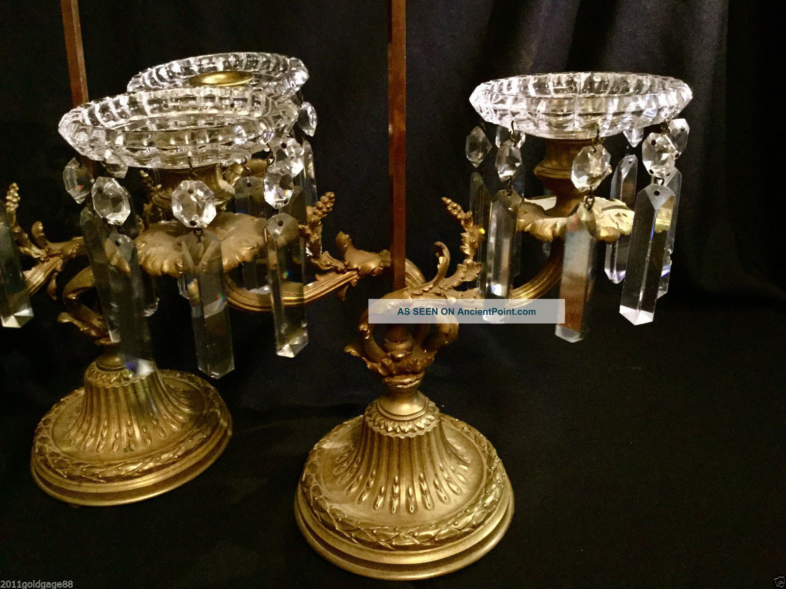 Pair Antique Franch Bronze Candelabras, Cut Glass Parts.