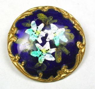 Antique Enamel Button Cobalt W/ Flower On Foil W/ Fancy Brass Border 13/16 