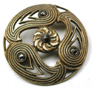 Antique Pierced Brass Button 3 Paisleys W/ Flower & Cut Steel Accents 1 & 1/16 photo