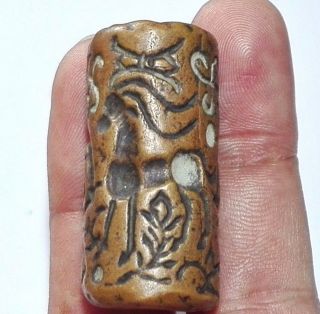 Stunning Unique Old Seal Bronze Bead Carving Medieval Rare Intaglio photo
