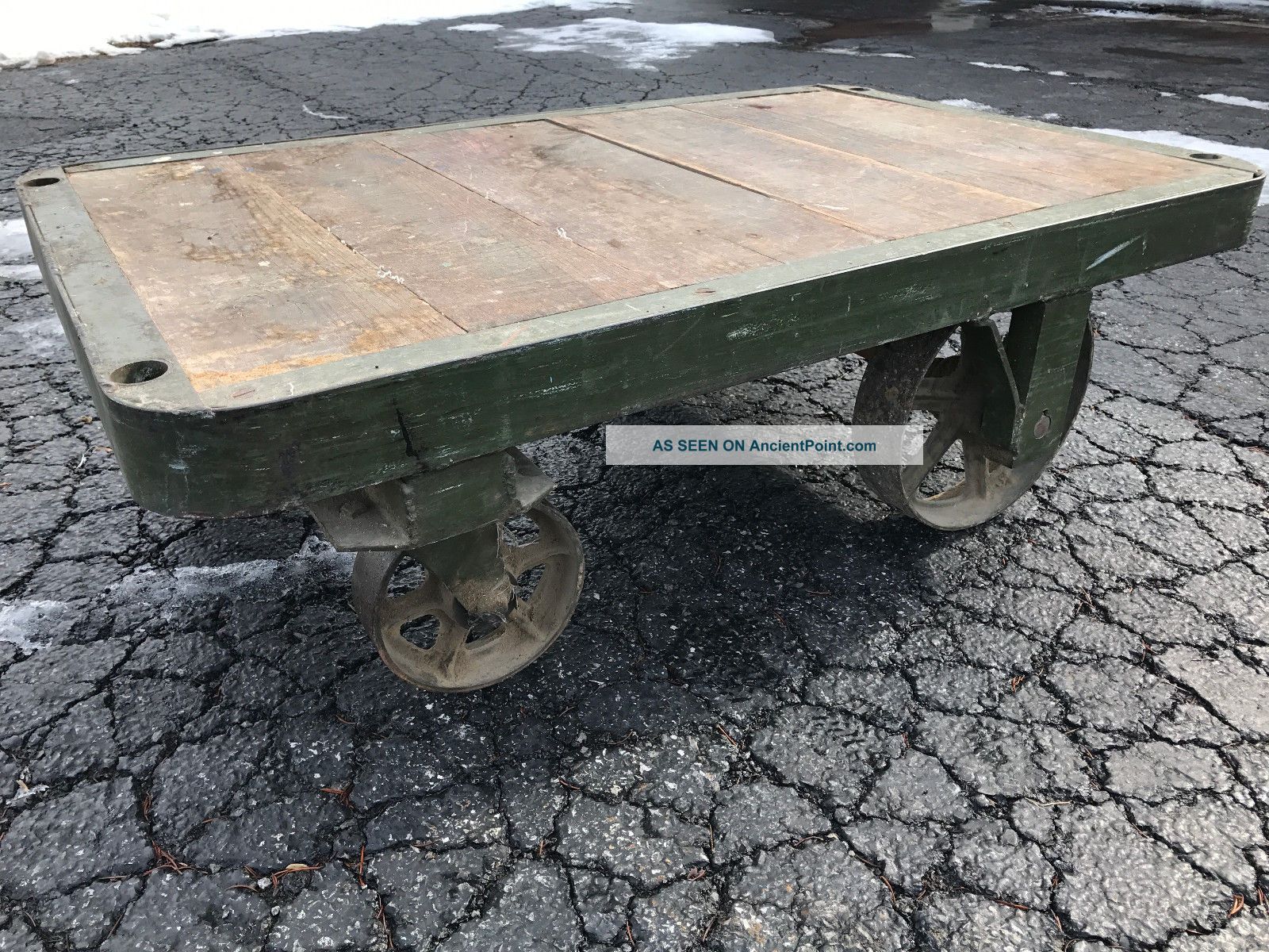 Antique Industrial Rolling Factory Cart W/cast Iron Wheels,  Iron - Edged Wood Top Other Mercantile Antiques photo