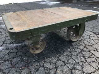 Antique Industrial Rolling Factory Cart W/cast Iron Wheels,  Iron - Edged Wood Top photo