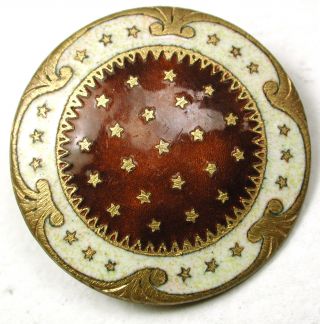 Antique French Enamel Button Caramel & Cream W/ Stars Design - 1 & 1/16 