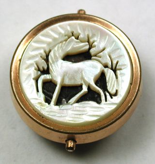 Antique Pierced Carved Mop Shell Button Detailed Horse In Brass Setting - 15/16 