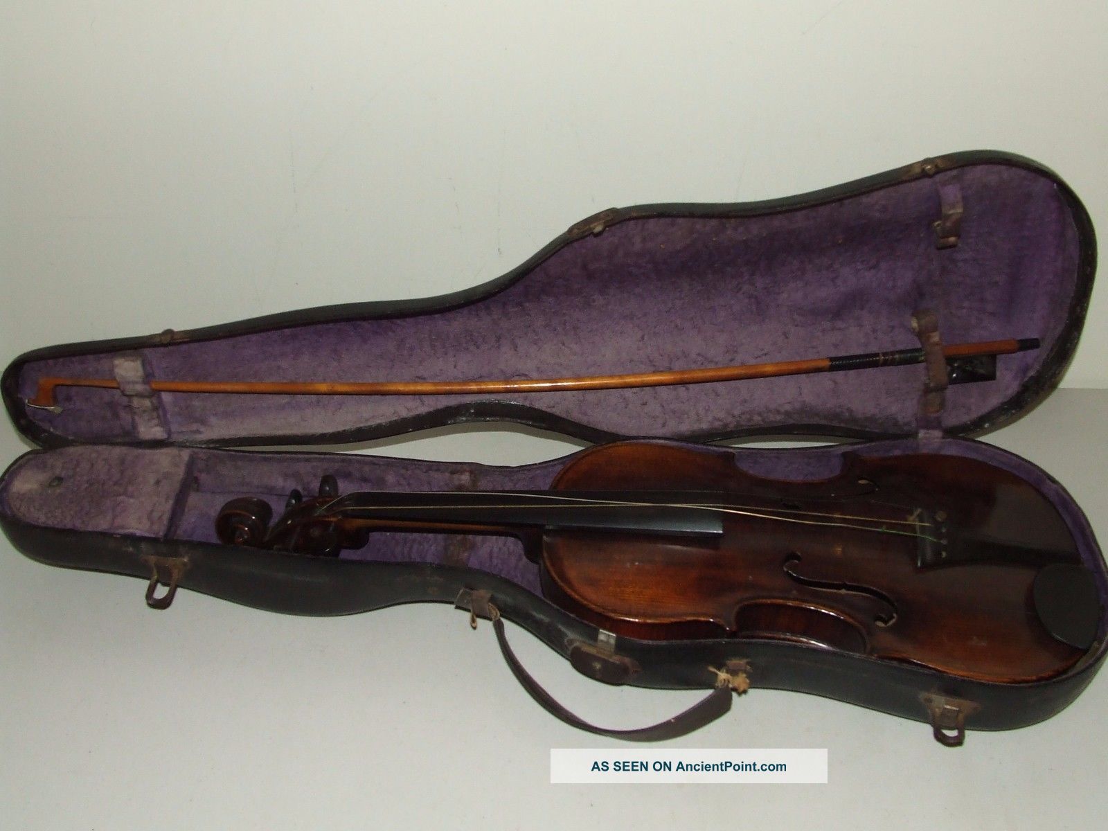 Antique 19th C.  Violin With Case & Bow,  Tiger Maple W/ Ebony Fingerboard & Pegs String photo