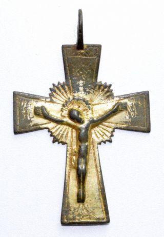 Stunning Medieval Gold - Gilded Bronze Cross Pendant W/ Crucified Jesus - St38 photo