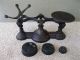 Antique Balance Scale Primitive Cast Iron Country Store 3 Wts,  Brass Tray,  Paint Scales photo 2