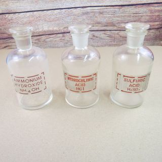 3 Antique Pyrex Science Lab Chemistry Apothecary Bottles W/ Stoppers Acid Labels photo