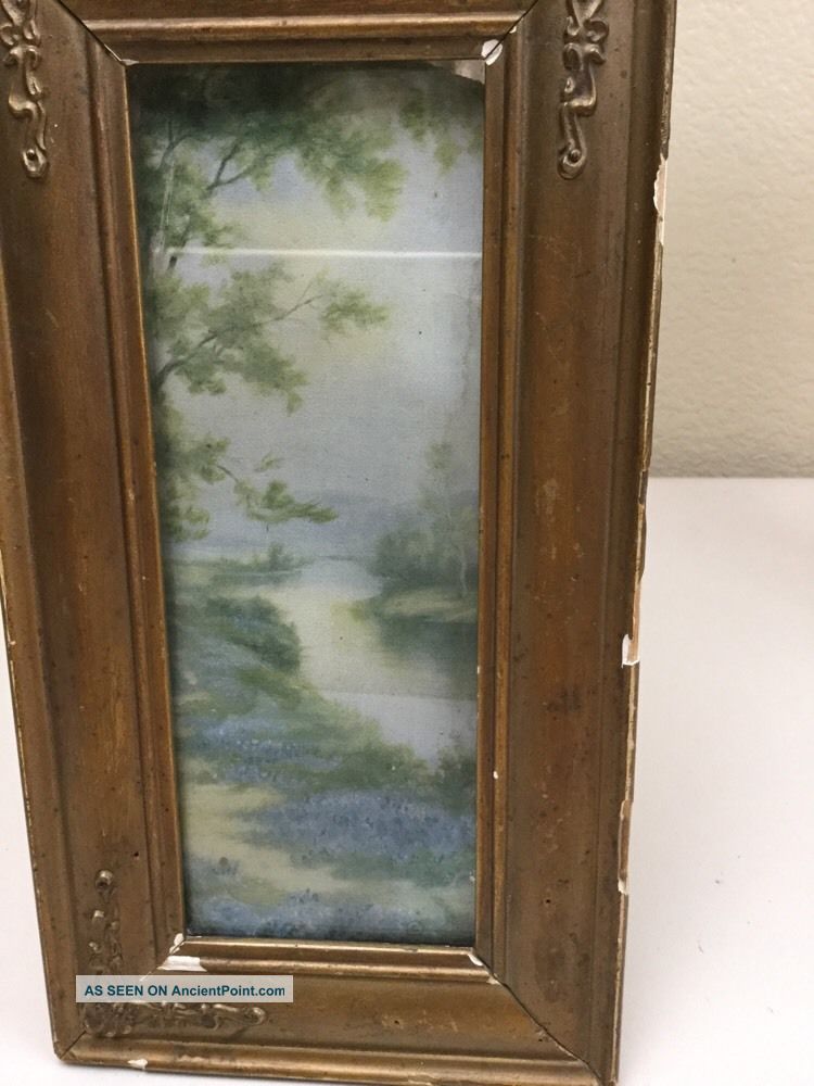 1800s Antique Victorian Small Scenery Brook Purple Floral Picture In Wood Frame Victorian photo
