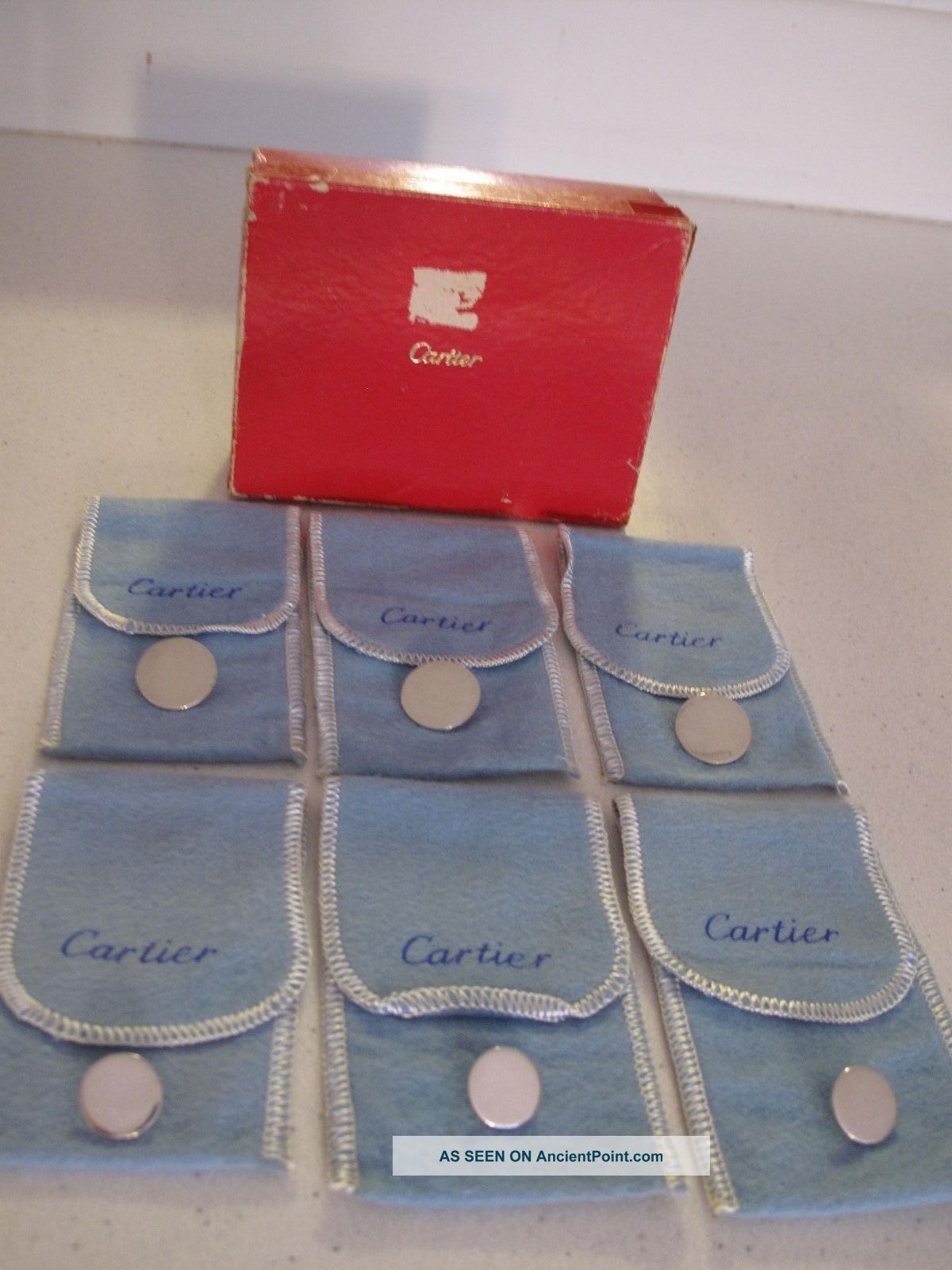 6 Antique Cartier Sterling Silver Buttons W 6 Anti - Tarnish Pouches & Box Vintage France photo