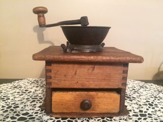 Antique Wooden Cast Iron Coffee Grinder photo