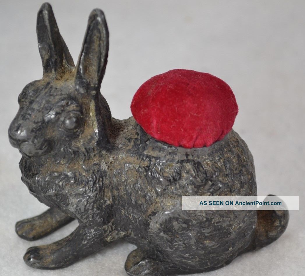 Pin Cushion Figural Bunny Rabbit Metal Victorian Antique 1800 Pin Cushions photo