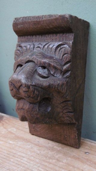 19thc Gothic Oak Carved Lion Head Corbel photo