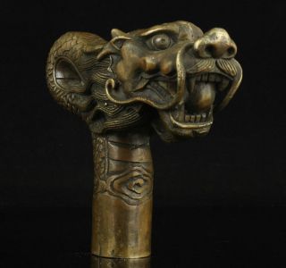 China Old Handwork Carving Bronze Dragon Statue Cane Head Walking Stick photo