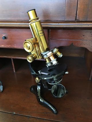Antique Leitz Wetzlar Brass Microscope W/circular Mechanical Stage,  Case,  More photo