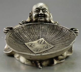 Collectible Decorate Old Handwork Tibet Silver Carved Buddha Hold Dustpan Statue photo