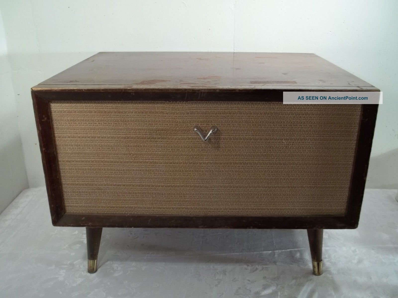 Mid Century Modern Cabinet W Drop Front Fabric Face Many Uses Record Bar Etc Mid-Century Modernism photo