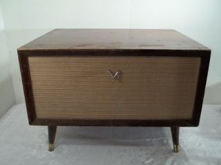Mid Century Modern Cabinet W Drop Front Fabric Face Many Uses Record Bar Etc photo