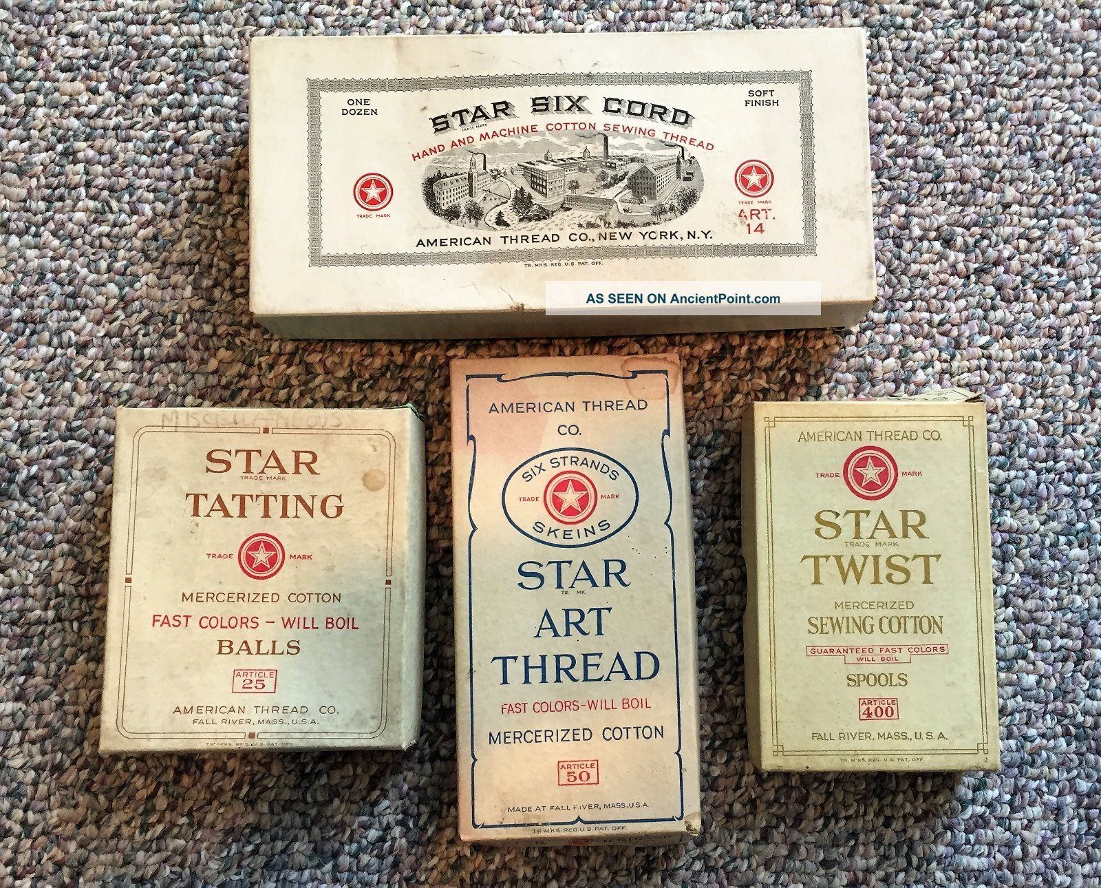 Antique 4 Thread Boxes Star Twist,  Tatting Art Thread Six Cord American Thread Baskets & Boxes photo