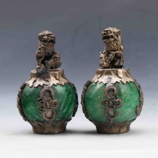 A Pair Collectable Green Jade Armor Tibetan Silver Hand - Carve Lion Statue G863 photo