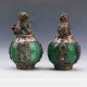 A Pair Collectable Green Jade Armor Tibetan Silver Hand - Carve Lion Statue G863 Other Antique Chinese Statues photo 2