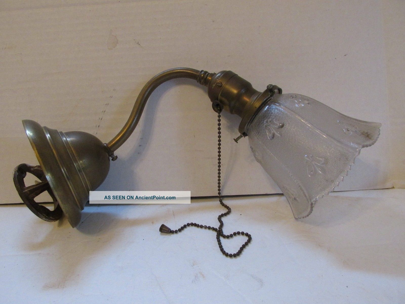 Antique Brass Wall Sconce Glass Shade Pull Chain Hubbell Socket Chandeliers, Fixtures, Sconces photo