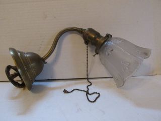 Antique Brass Wall Sconce Glass Shade Pull Chain Hubbell Socket photo