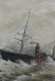 19thc Antique Maritime Steamship Paddle Wheel Ocean Liner Storm Oil Painting Folk Art photo 3