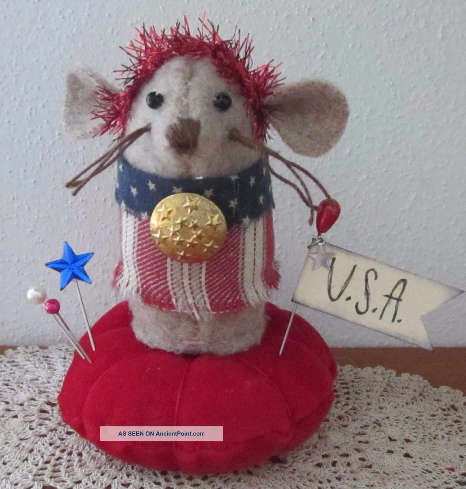 Primitive Wool Patriotic Usa Americana Mouse Make Do Pin Cushion Pfatt Primitives photo