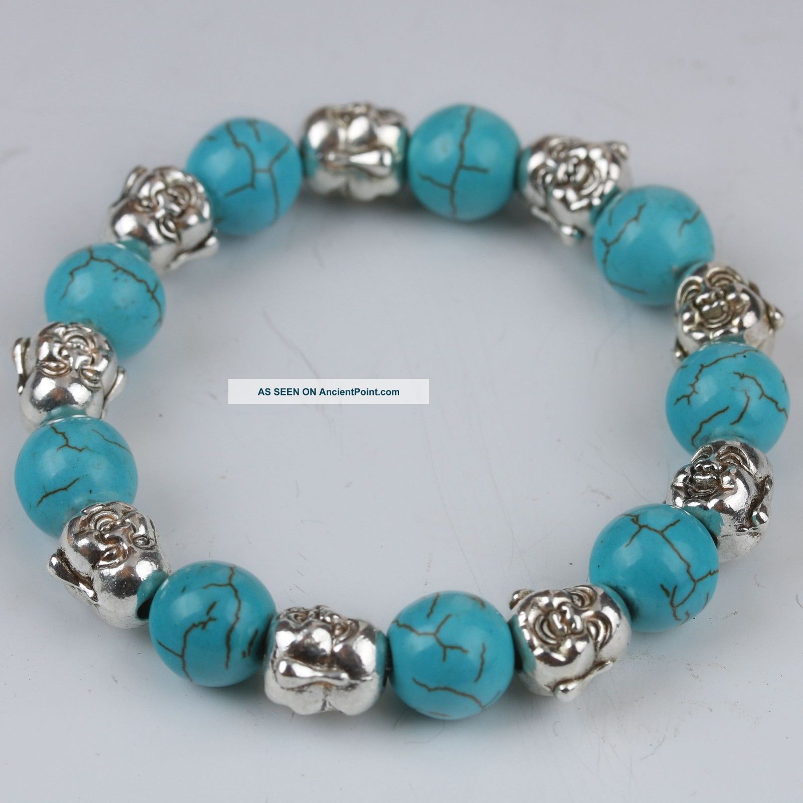 100 Natural Turquoise & Tibet Silver Handwork Buddha Head Bracelet G530 Bracelets photo