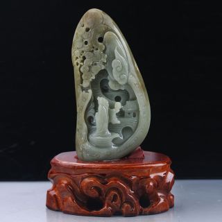 100 Natural Hetian Jade Hand - Carved Old Man & Pine Statue Rm0163 photo