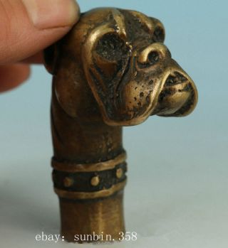 Fierce Asian Chinese Old Bronze Hand Carved Dog Statue Walking Stick Head photo