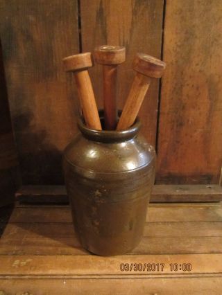 Primitive Antique Vintage Beehive Crock Stoneware Jug Pottery Wood Bobbins photo