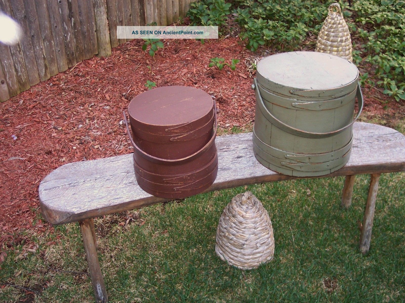 Primitive Painted Green Large Old Firkin Sugar Bucket