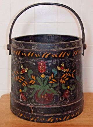 Antique Primitive Wood Bucket,  Black Floral Painted Folk Art Firkin Sugar Bucket photo