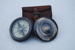 Antique 1885 Pocket Style Vintage London Poem Engraved Brass Compass Case photo