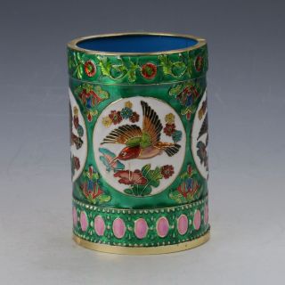 Chinese Cloisonne Painted Brid And Flowers Brush Pots Qianlong Mark photo