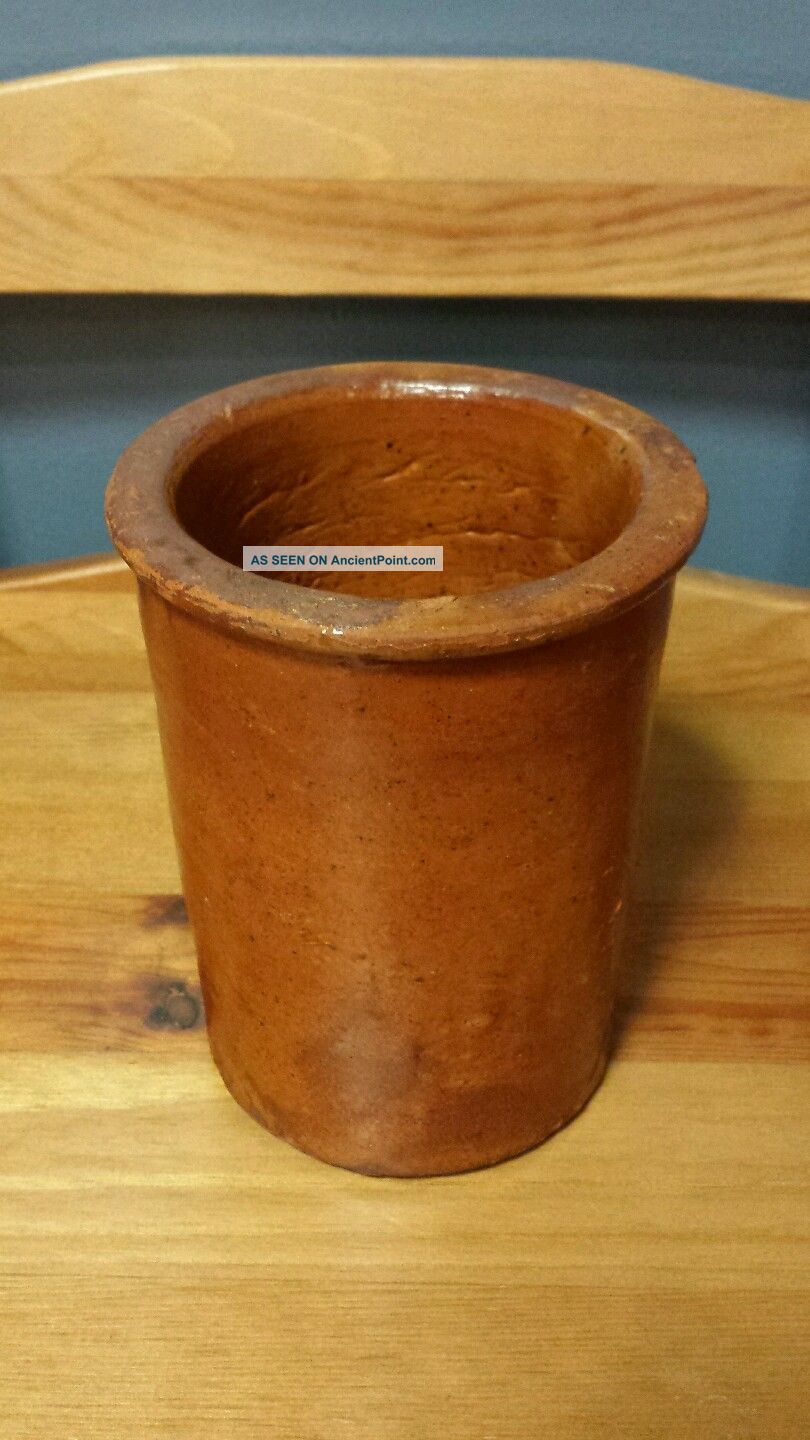 Rare Antique Primitive Pottery Redware Utensil Crock Jar Possibly From Galena Jars photo