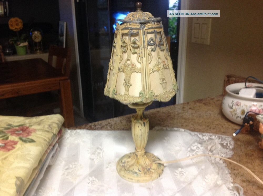 Antique 1920 - 1930s Ornate Cast Metal Enamel Painted Flowers Boudoir Table Lamp Lamps photo