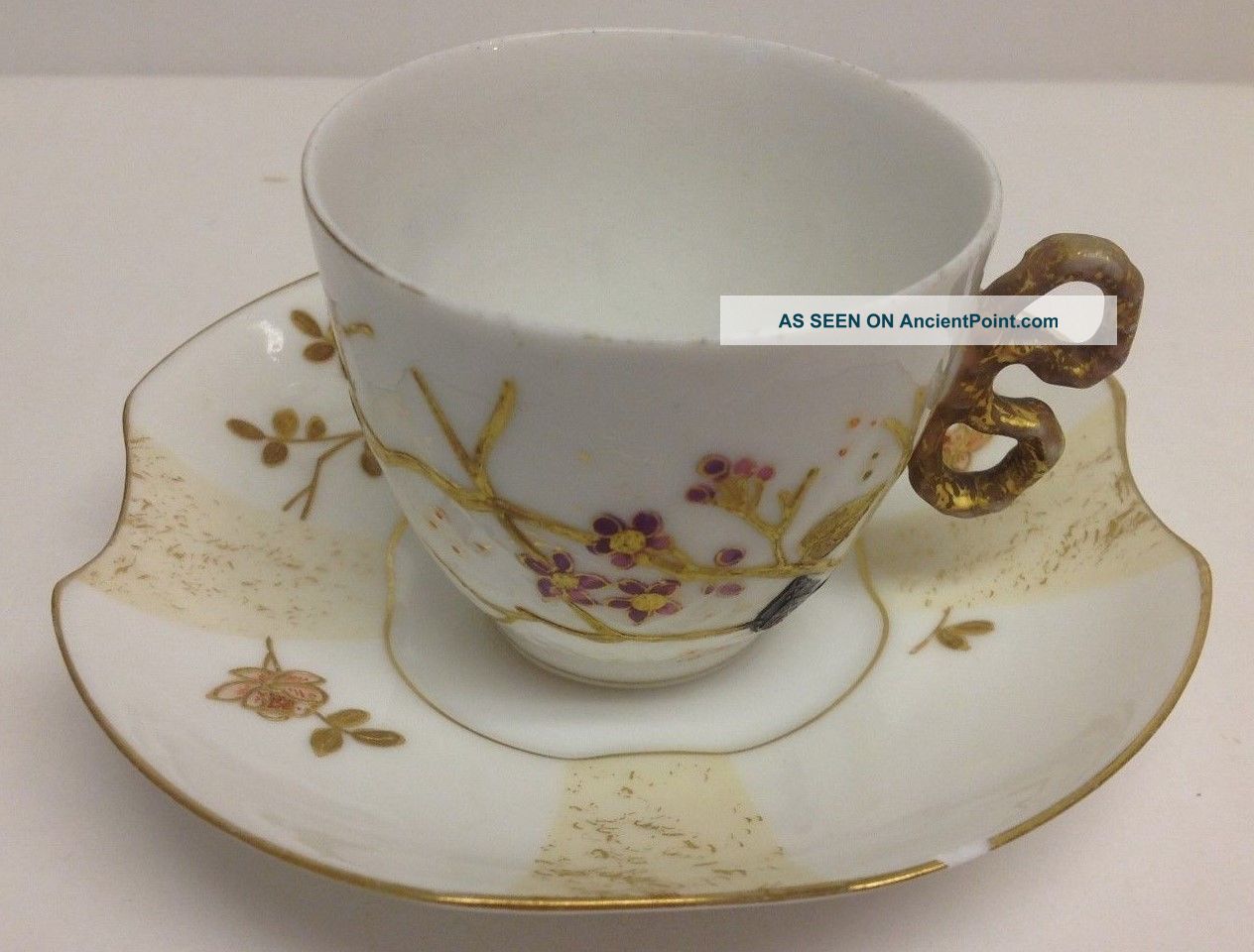 Limoges Demi Cup And Saucer,  Red,  Gold Embossed Deco,  Unique Cup Handle Cups & Saucers photo