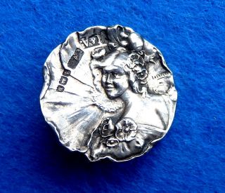 Antique Sterling Silver Art Nouveay Lady Head Lasserre Button,  Hallmarked 1903, photo